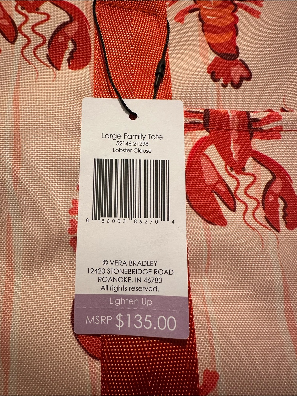 Vera Bradley Red Coral and White large Lobster “Clause”Print Tote - Picture 5 of 8